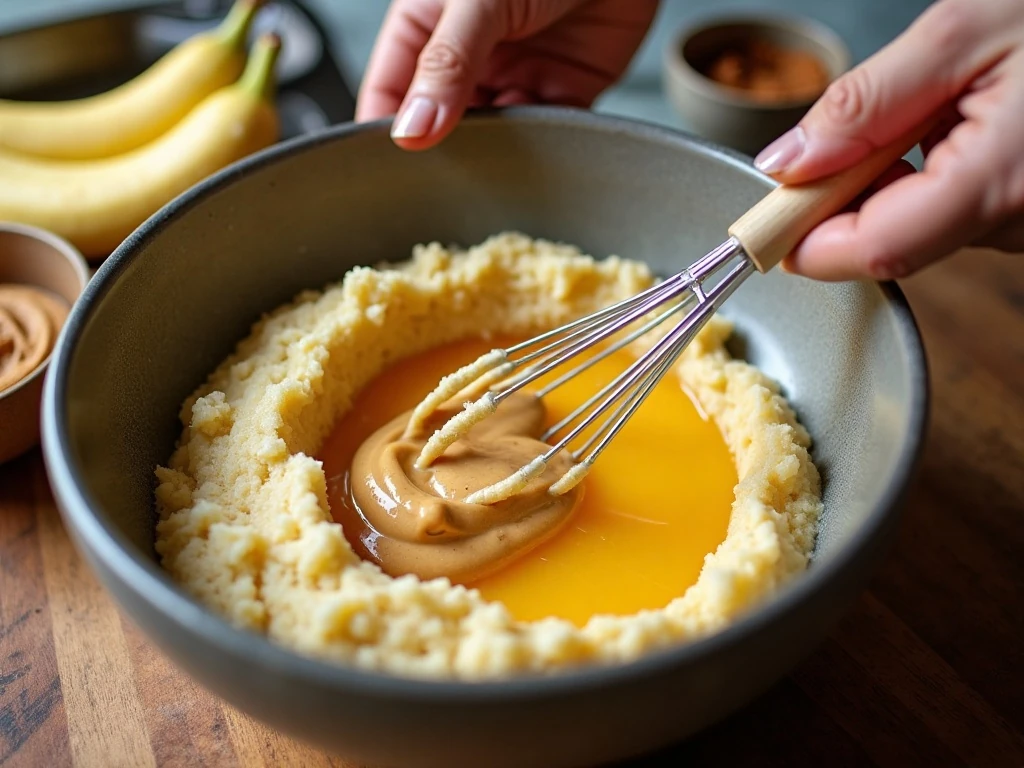Mixing banana bread batter with eggs and nut butter