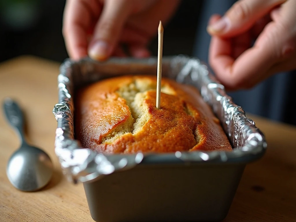 Testing flourless banana bread for doneness with a toothpick