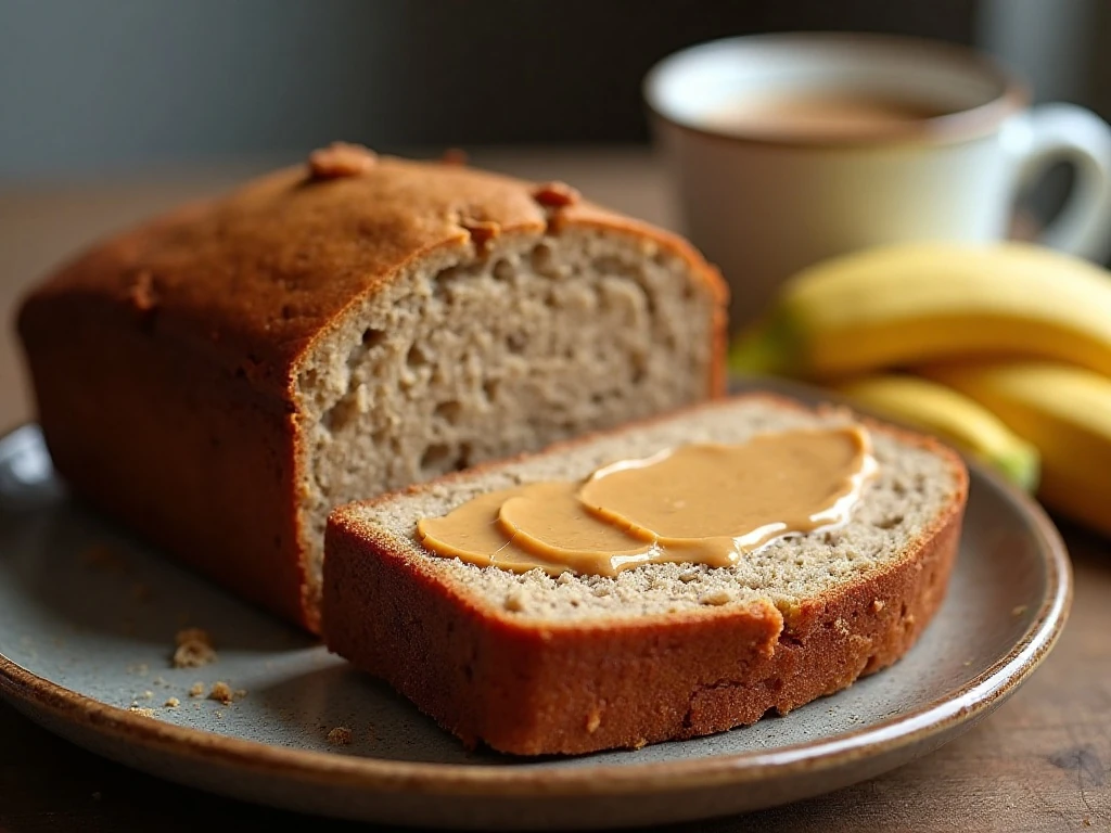 Flourless banana bread slice served with peanut butter