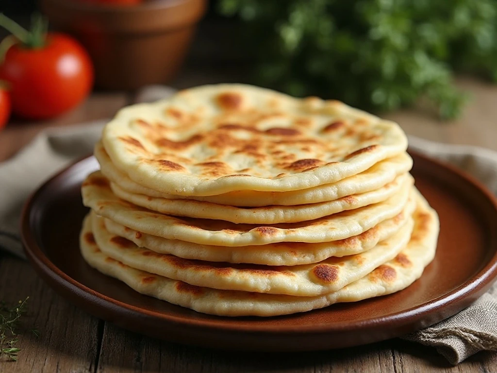 Stack of soft homemade skillet flatbreads with toasted brown spots