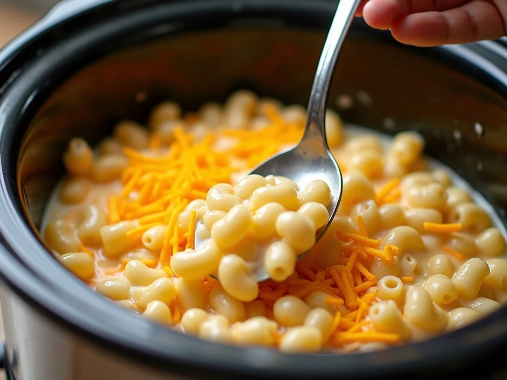 Ingredients being stirred together in a slow cooker for mac and cheese