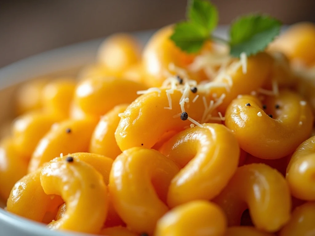 Close-up of creamy cheddar sauce coating tender macaroni