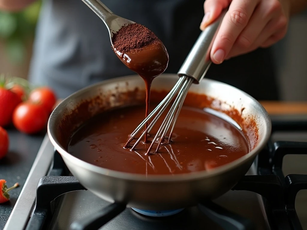 Whisking cocoa and sugar for homemade chocolate sauce