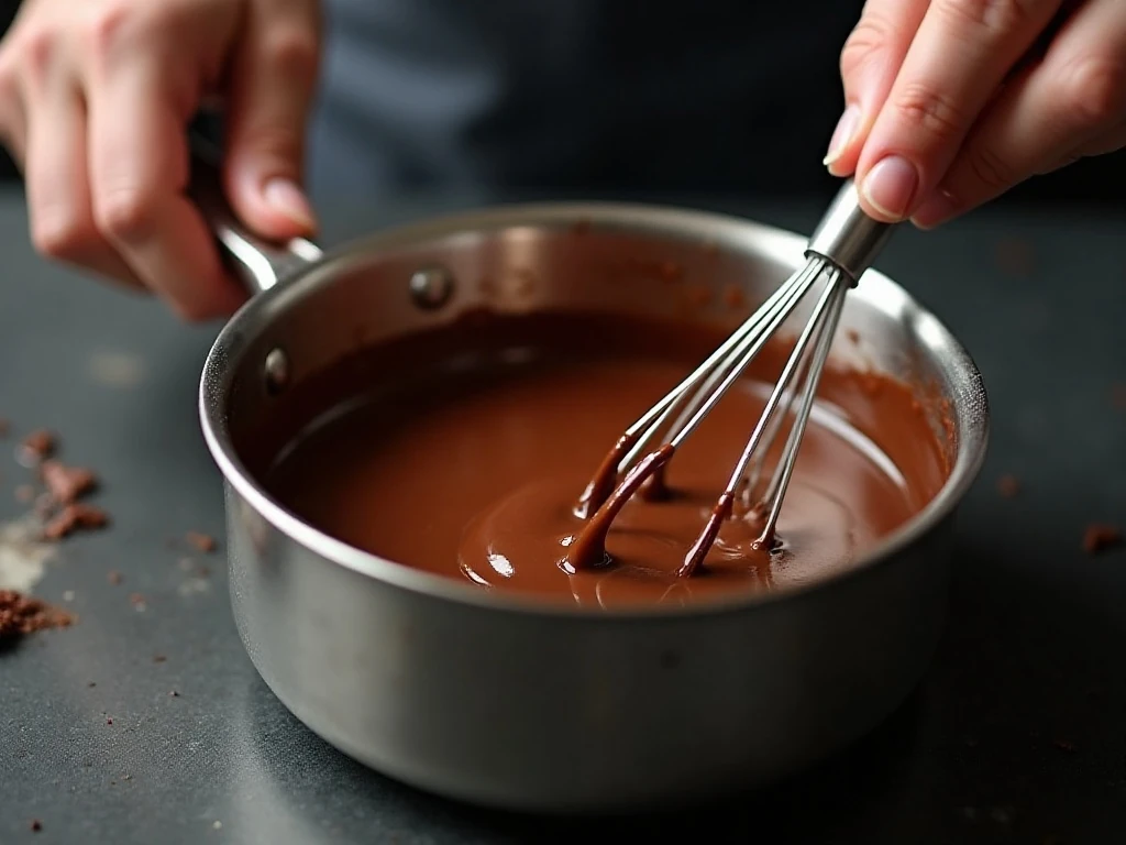 Chocolate sauce gently simmering in a saucepan