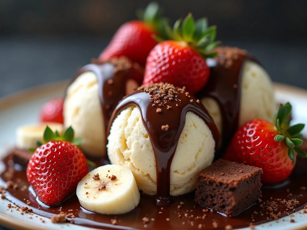 Chocolate sauce drizzled over ice cream and fruit