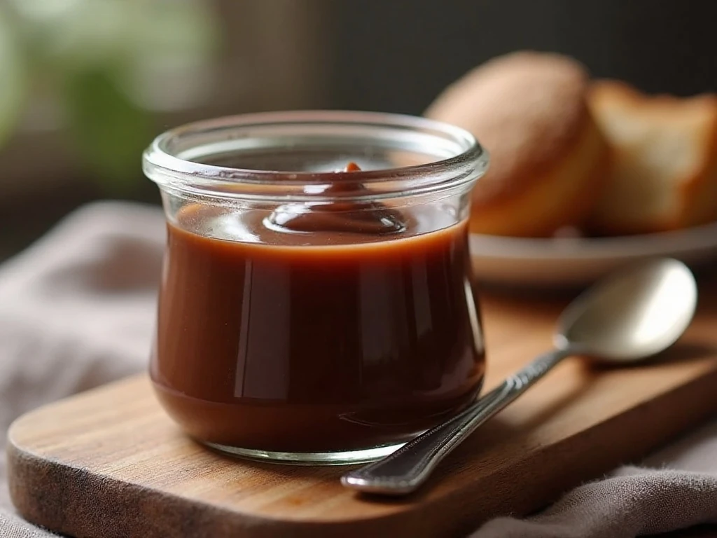 Stored homemade chocolate sauce ready for reheating