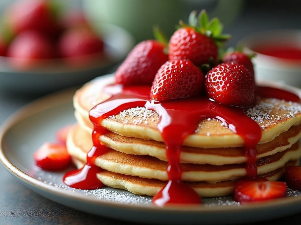 Homemade strawberry sauce spooned over pancakes