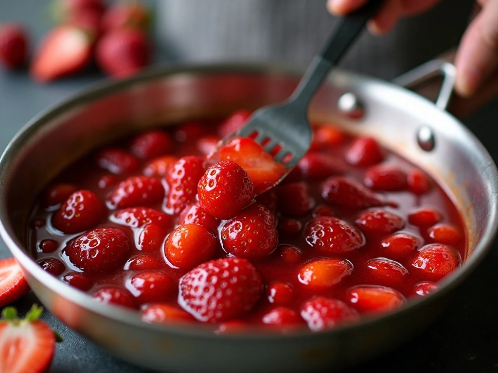 Strawberries cooking and being partially mashed for sauce