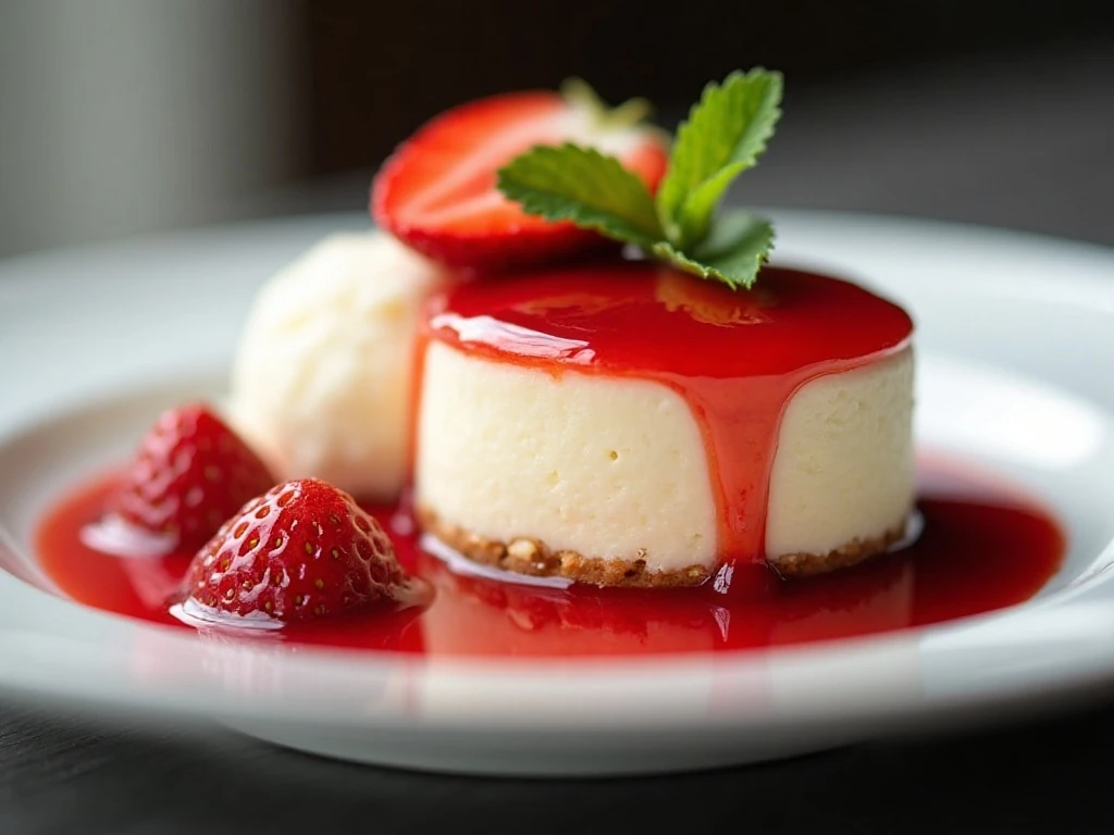 Strawberry sauce served over cheesecake and ice cream