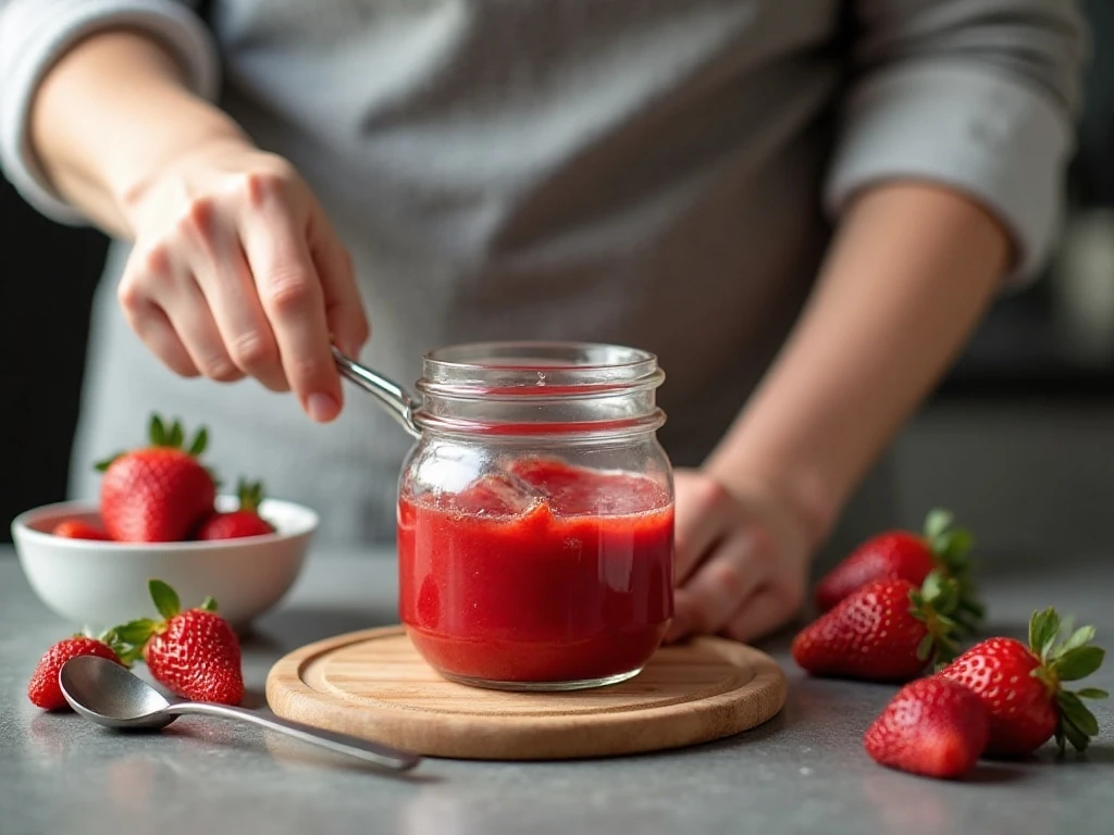 Stored homemade strawberry sauce in a glass jar
