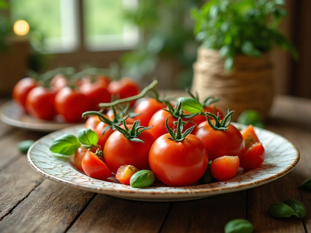 Fresh tomatoes from a compact vertical garden arranged for a summer dinner