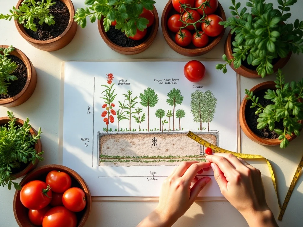 Tomato seedlings and garden planning supplies for a small sunny bed