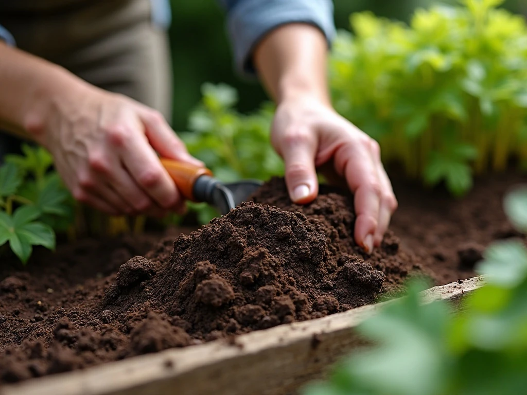Mature compost being mixed into fertile soil for tomato plants
