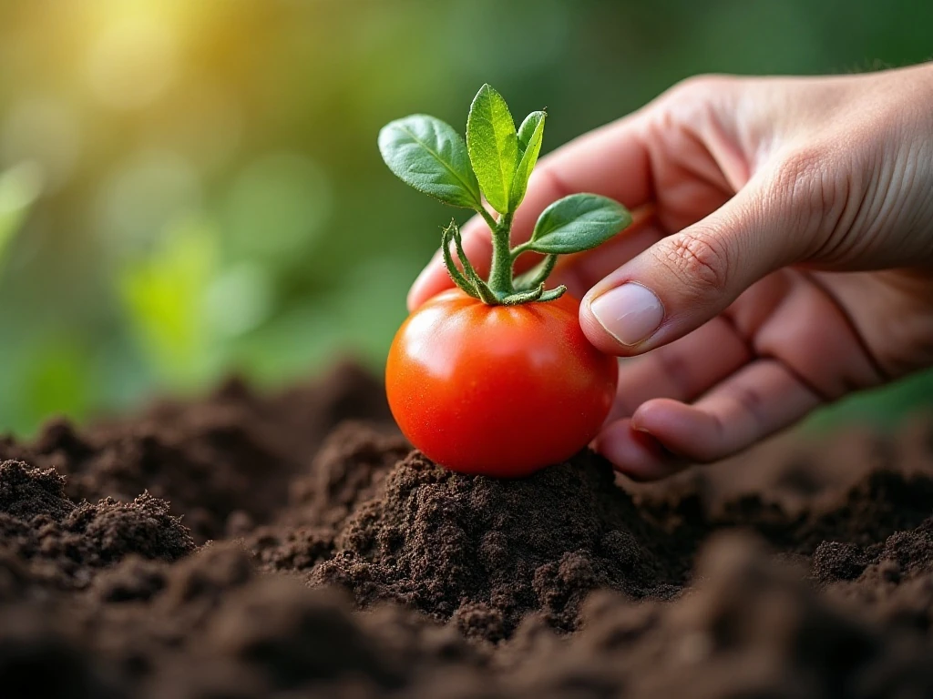 Tomato transplant being planted deeply after the danger of frost