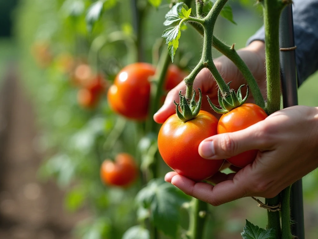 Indeterminate tomato vines trained upward on a trellis