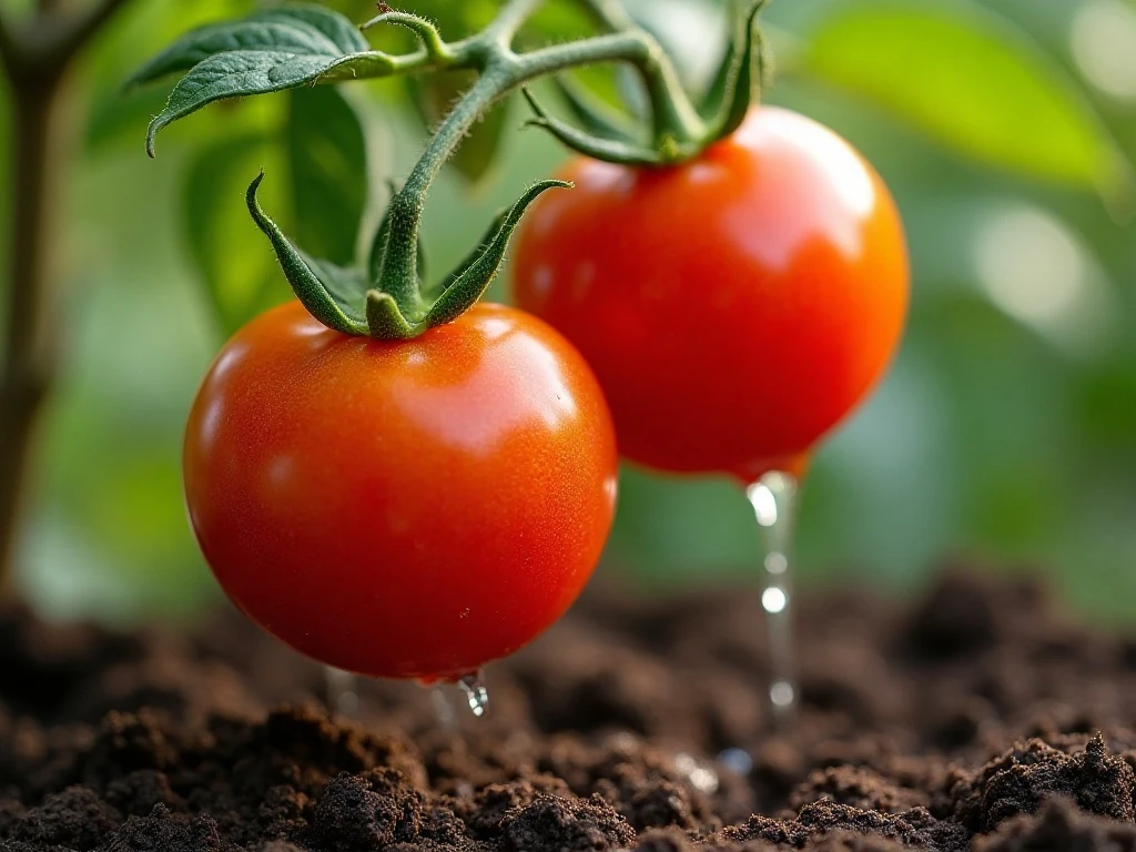 Ripe tomatoes above organic mulch with water applied at the soil line