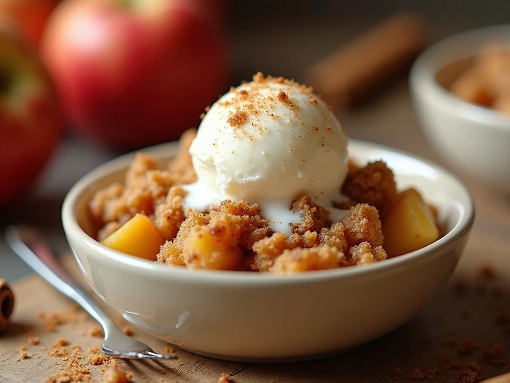 Warm apple crisp with golden oat topping and vanilla ice cream