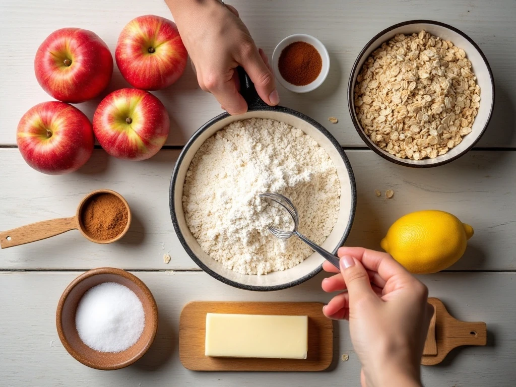Ingredients for cinnamon apple crisp arranged on a work surface