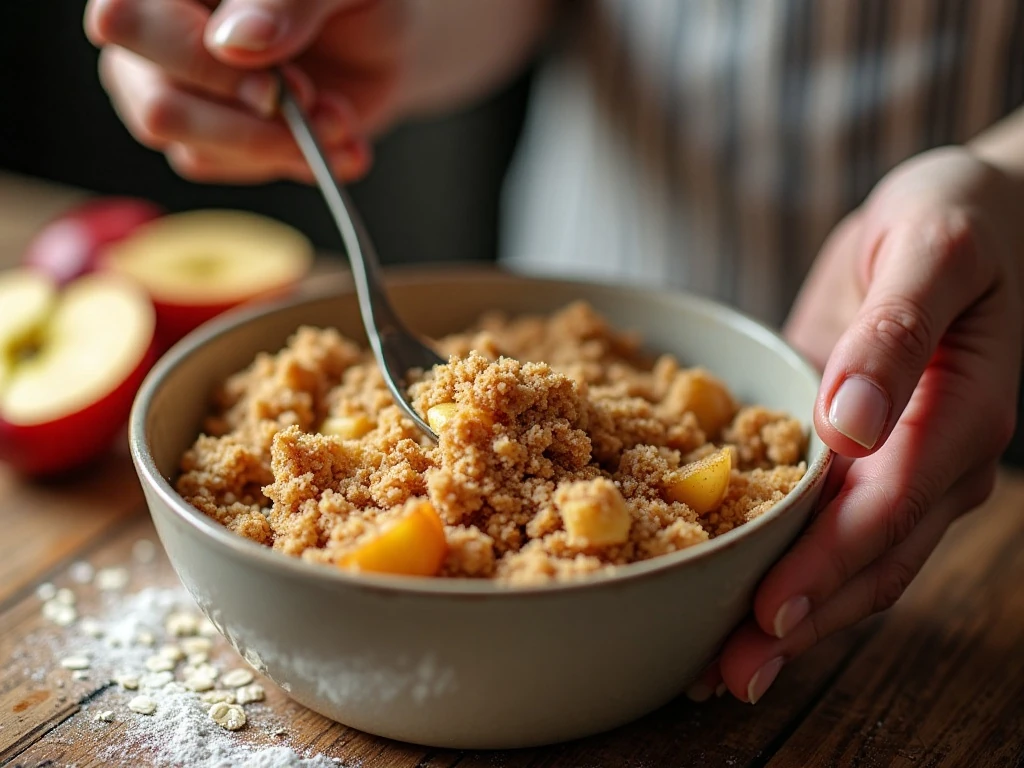 Preparing the oat crumble topping for apple crisp