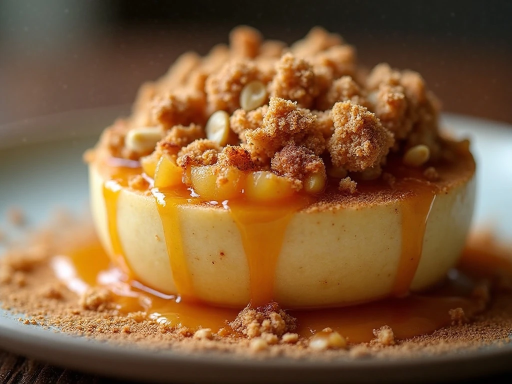Close-up of crisp oat topping and bubbling cinnamon apples