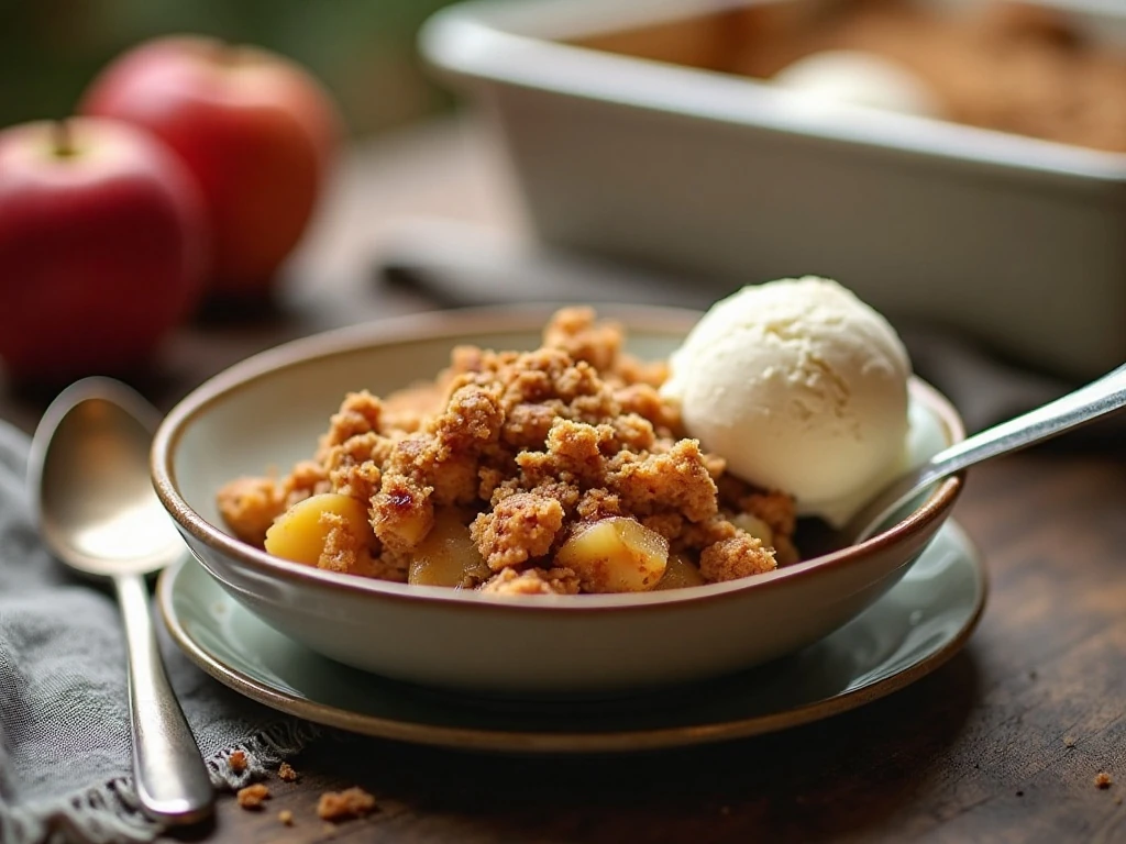 Apple crisp served warm with ice cream