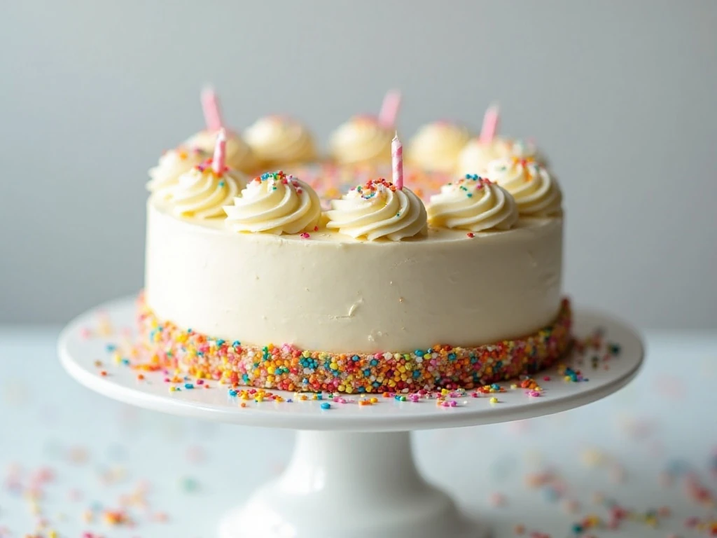 Small two-layer vanilla birthday cake with rainbow sprinkles