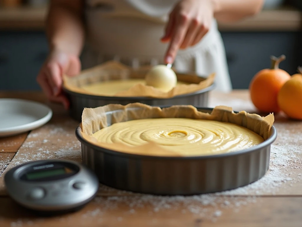 Dividing vanilla cake batter between two 6-inch pans