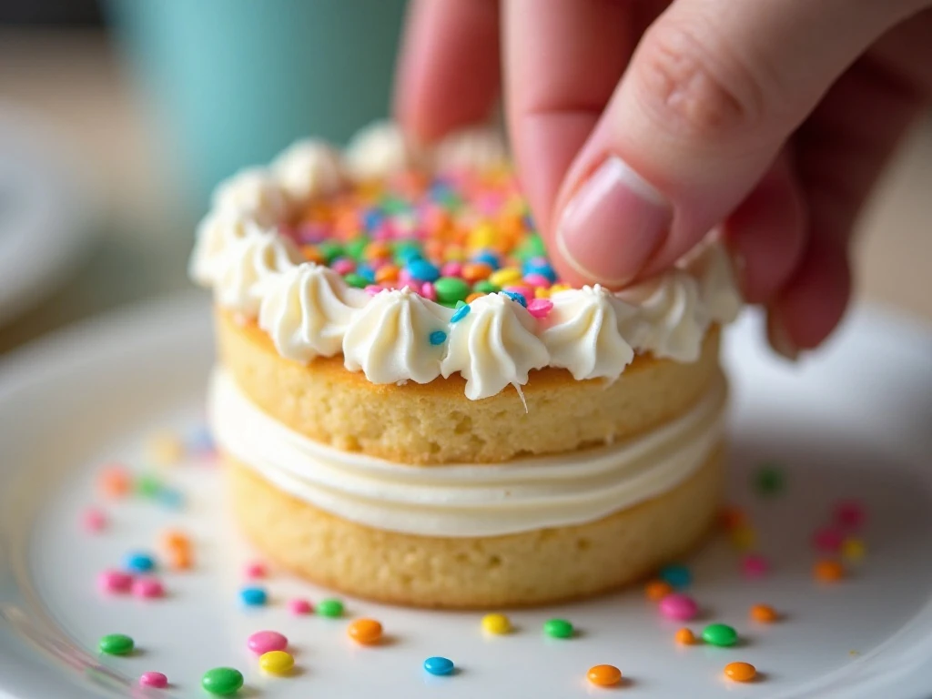 Decorating a small birthday cake with rainbow sprinkles