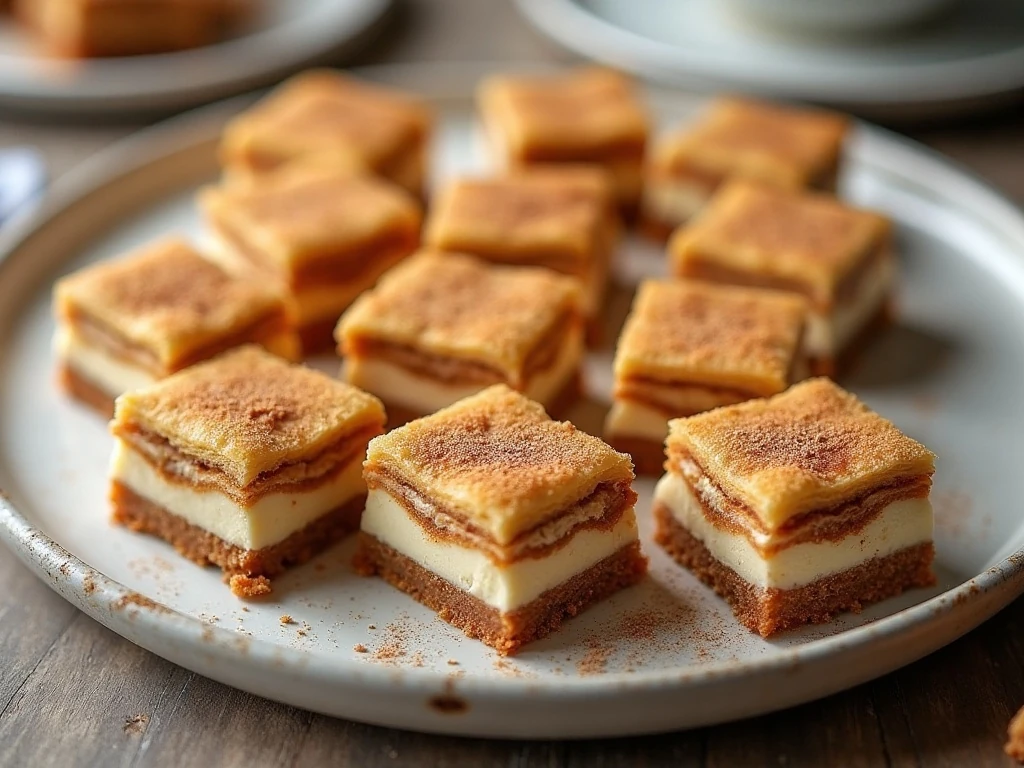 Golden cinnamon cheesecake bars arranged on a serving platter