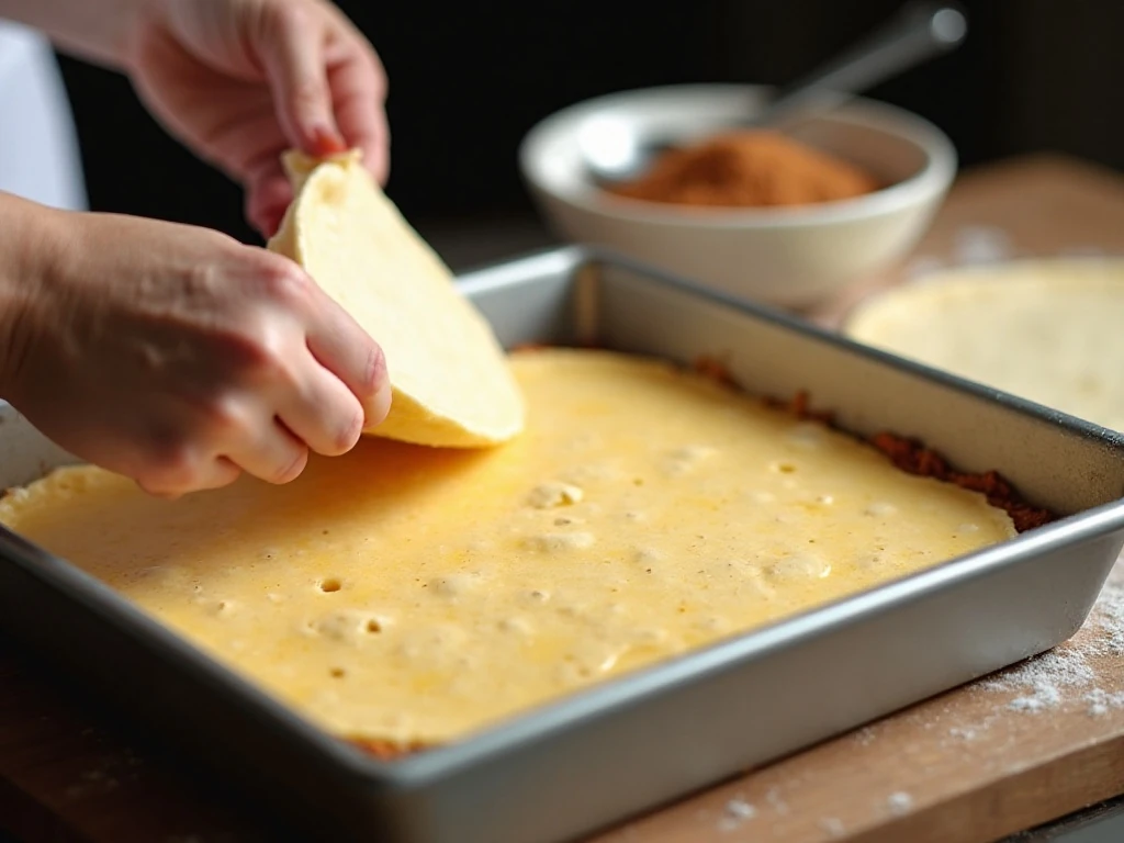 Preparing crescent dough and cheesecake filling in a baking dish