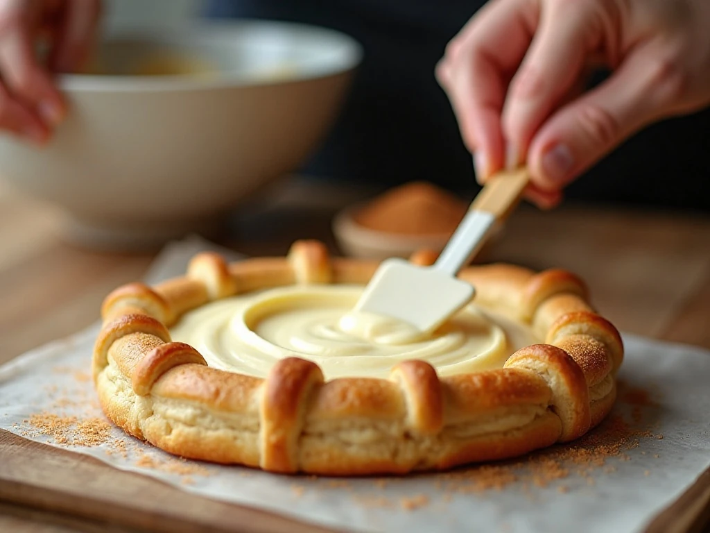 Spreading smooth cream cheese filling over crescent dough