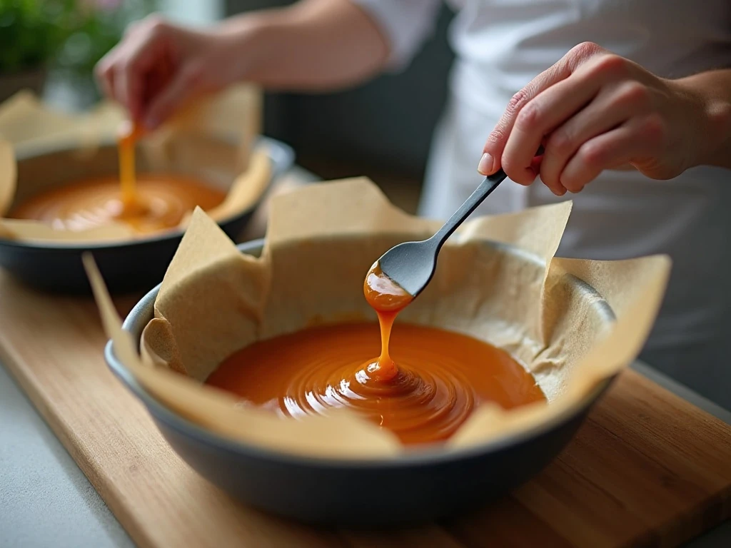 Stirring hot caramel mixture in a large microwave-safe bowl