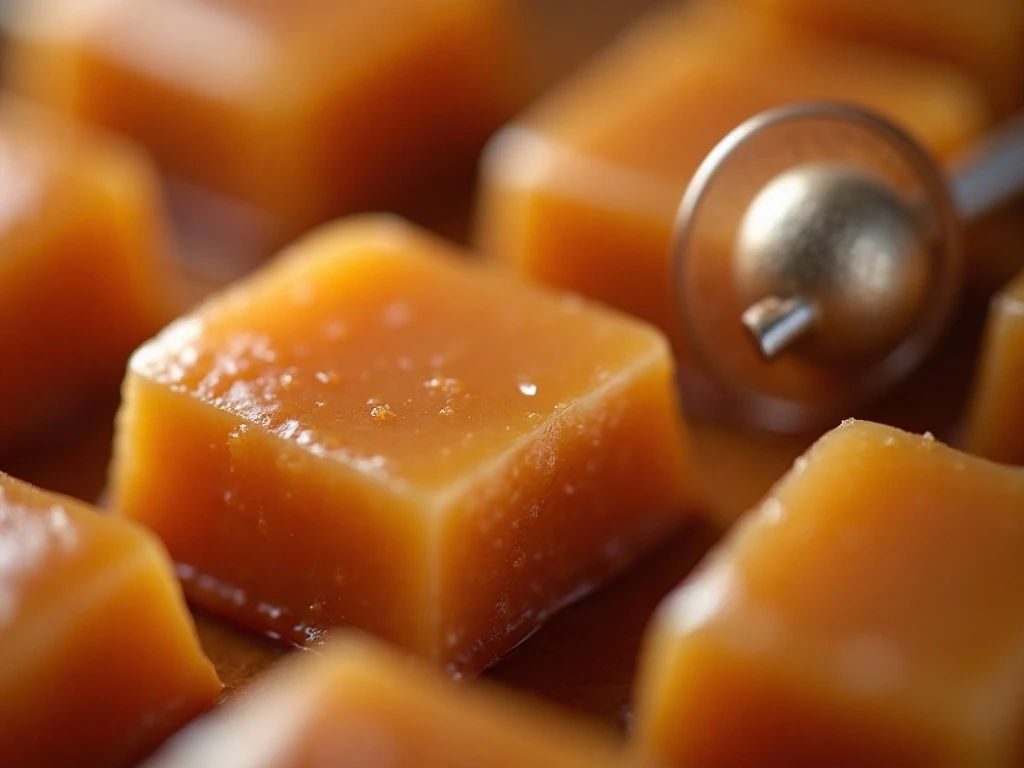Close-up of soft chewy caramel texture and candy thermometer