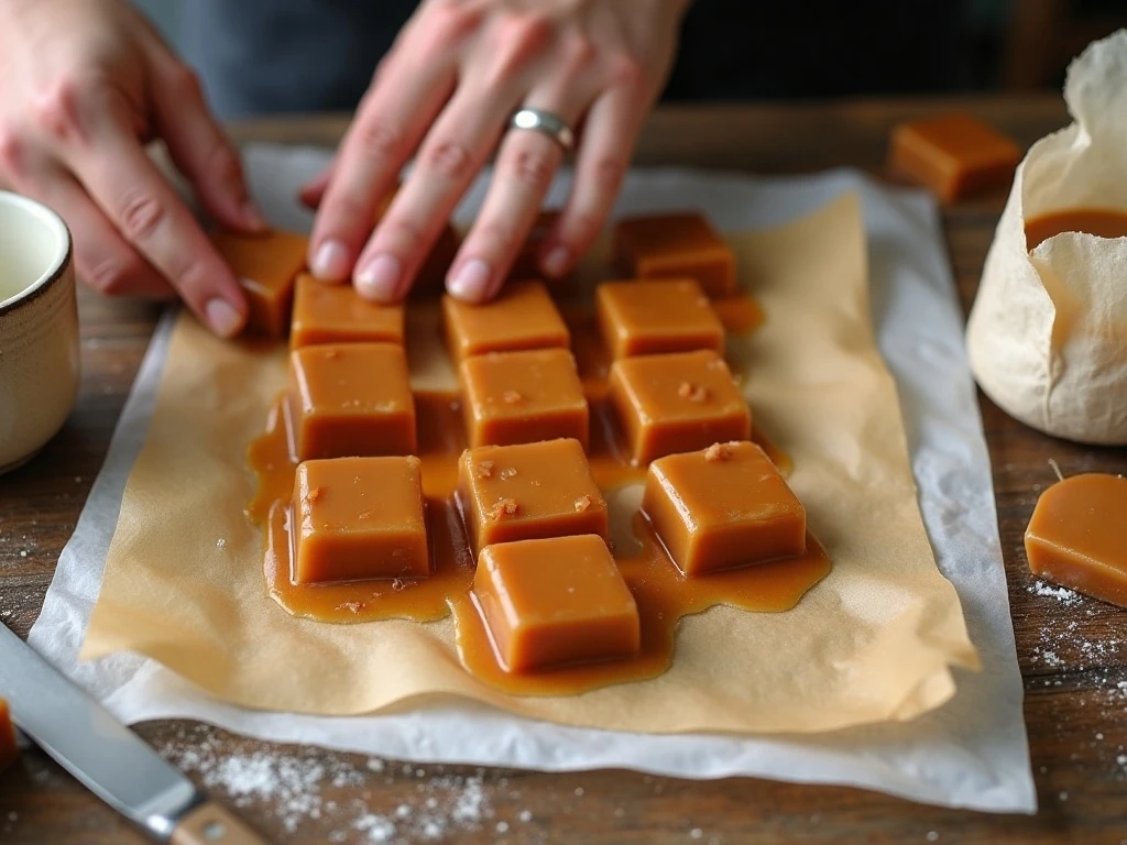 Cutting and individually wrapping homemade caramels