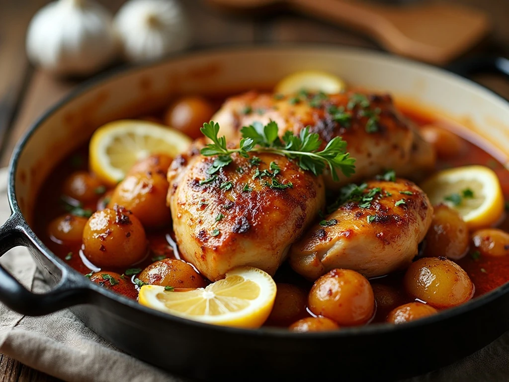 Chicken and potato bake served with lemon and roasted garlic