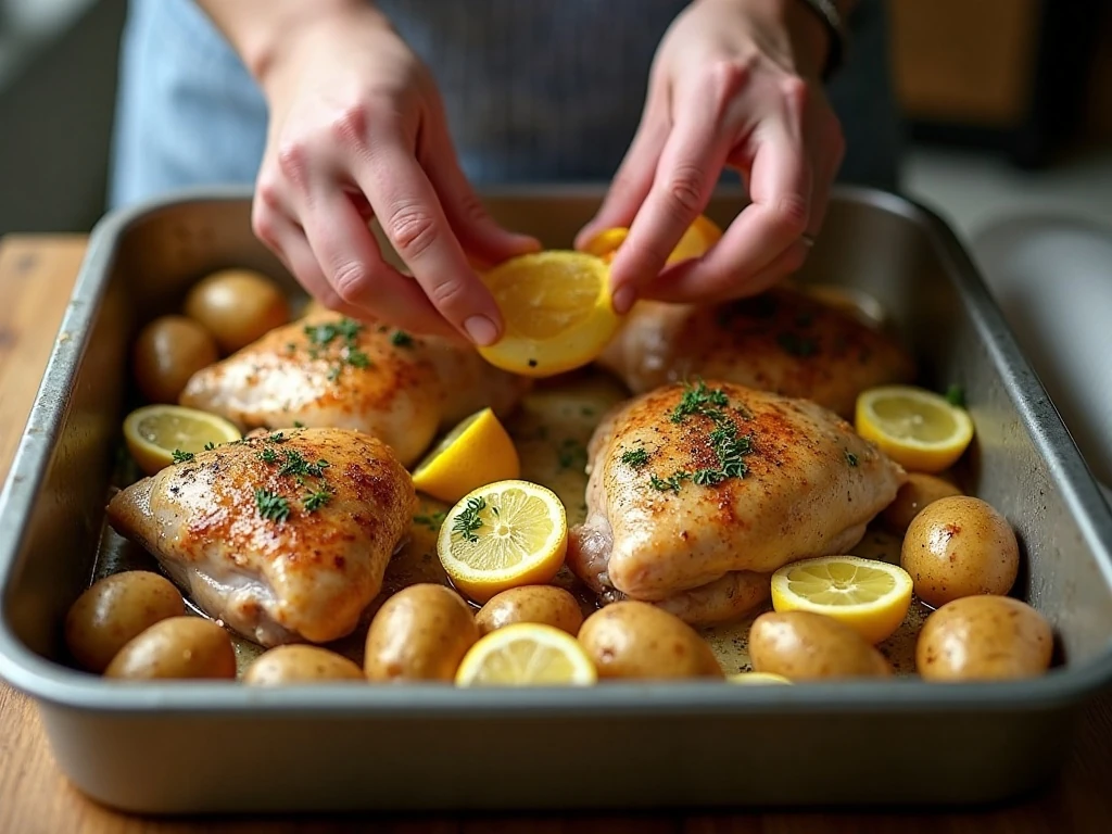 Chicken thighs and potatoes arranged in a baking pan before roasting
