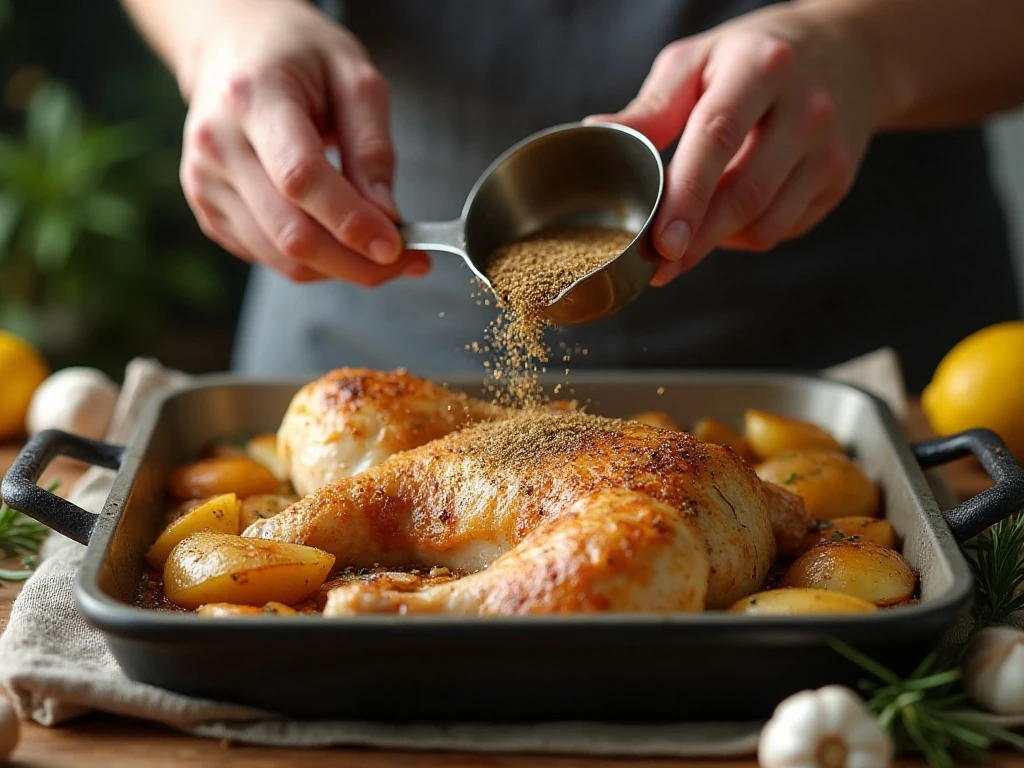 Preparing dry chicken skin and potatoes for crisp roasting
