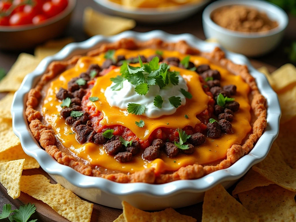 Colorful seven-layer taco dip surrounded by tortilla chips