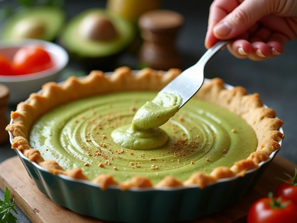 Spreading guacamole in the taco dip layers