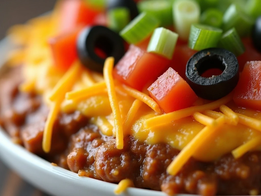 Close-up of defined seven-layer taco dip toppings