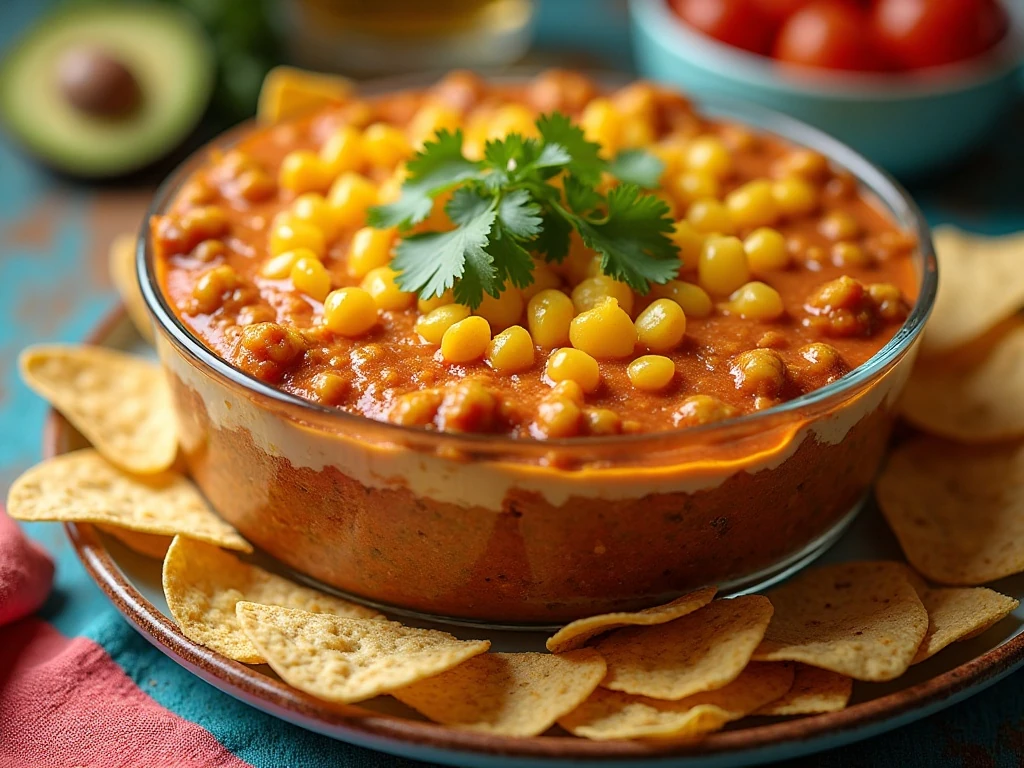 Colorful seven-layer taco dip served with tortilla chips