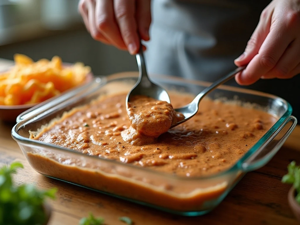 Spreading seasoned refried beans for seven-layer dip