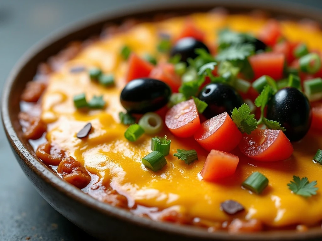 Fresh tomato, olive, and herb toppings on taco dip