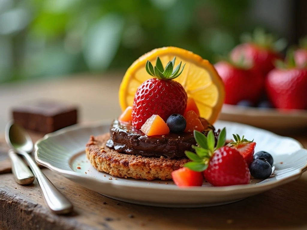 Close-up of gluten-free dessert garnish and labeled ingredients