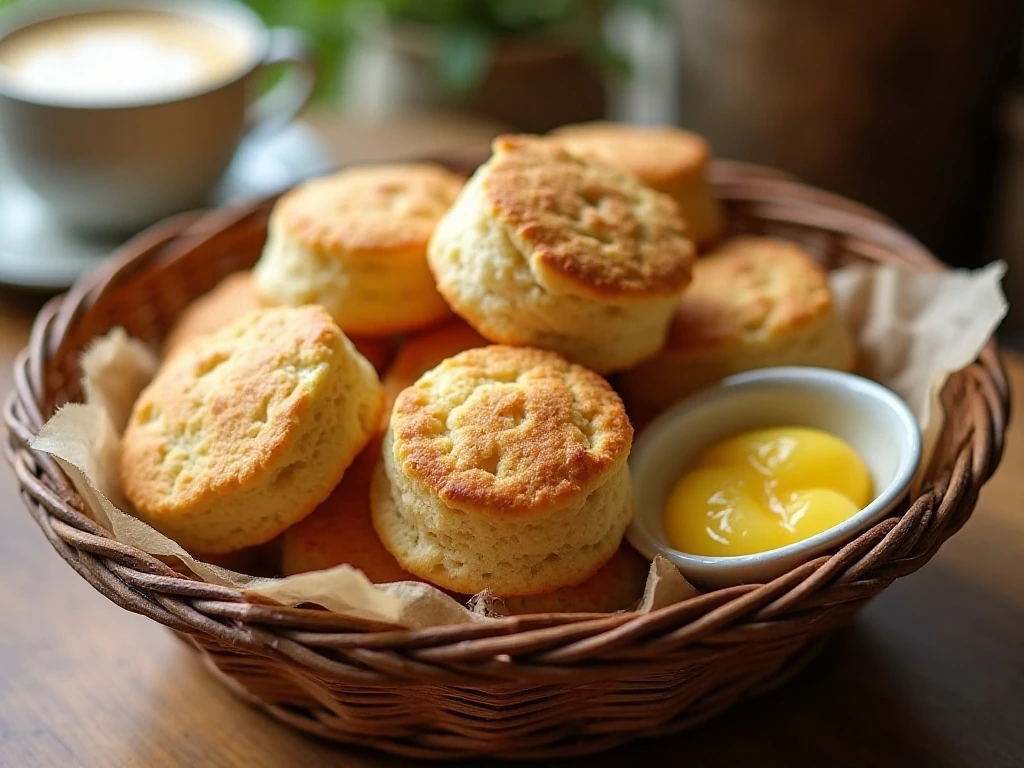 Basket of warm golden 7-Up biscuits served with butter