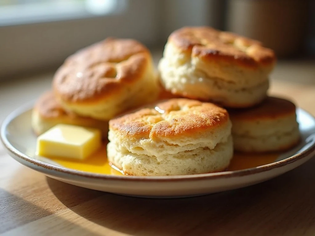 Reheated 7-Up biscuits served with butter and honey