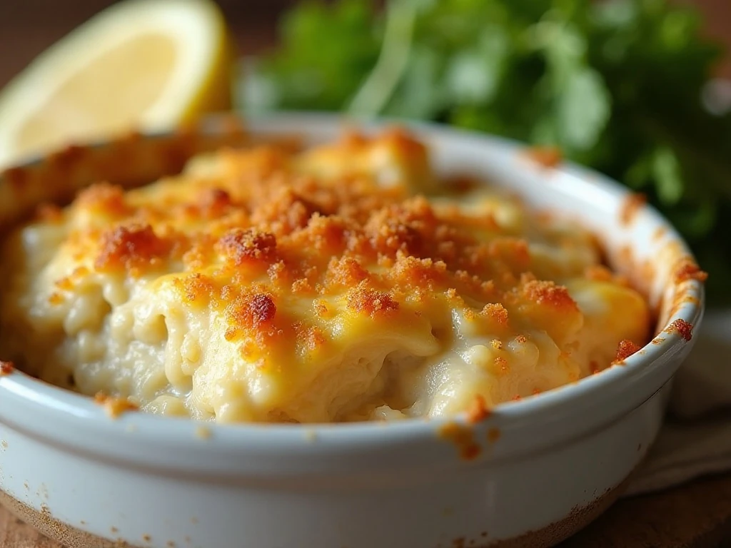 Cheesy and creamy crab meat casserole served for dinner with a golden breadcrumb topping