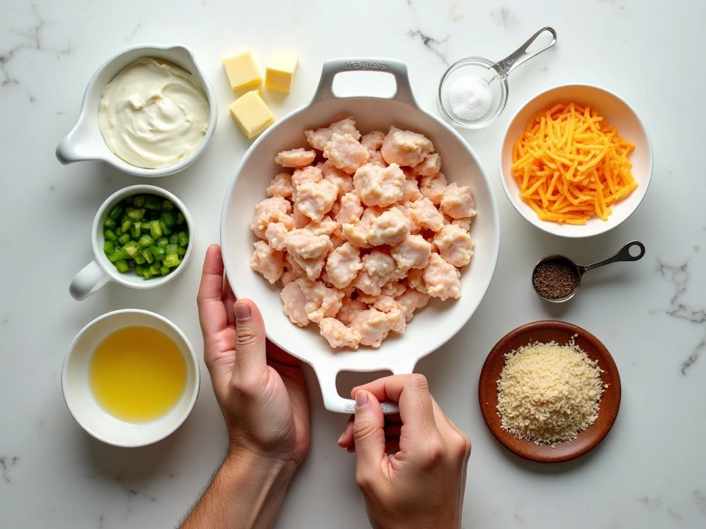 Ingredients for cheesy and creamy crab meat casserole arranged on a counter