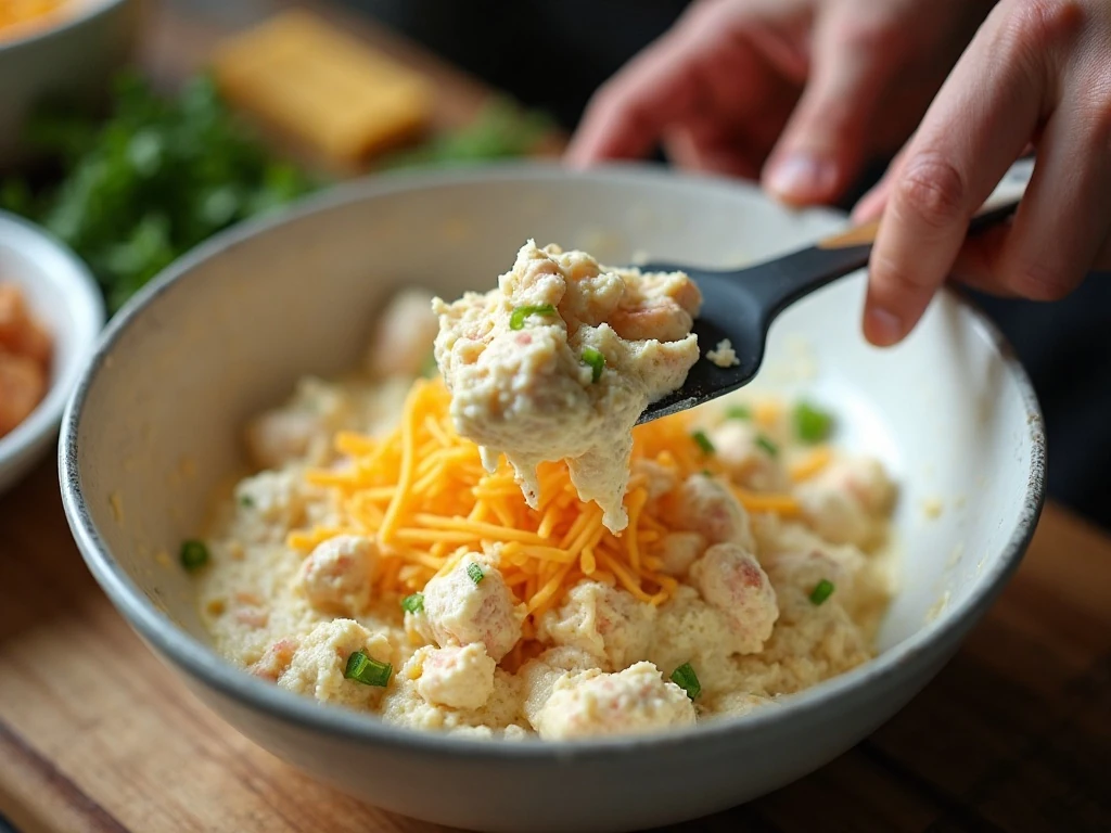 Gently folding crabmeat into the creamy casserole mixture