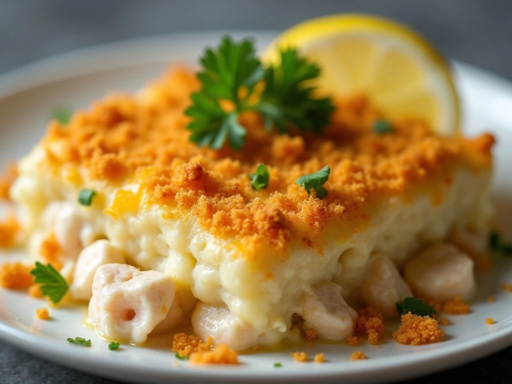 Close-up serving of creamy crab casserole with lemon and golden crumbs